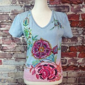 Forbidden Embellished Floral Print Tee Shirt